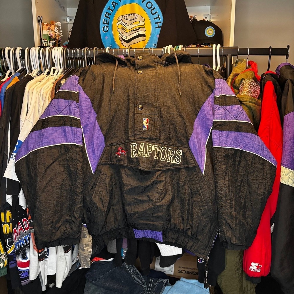 Vintage Toronto Raptors Starter Pullover Jacket NBA Puffer Purple Black XL